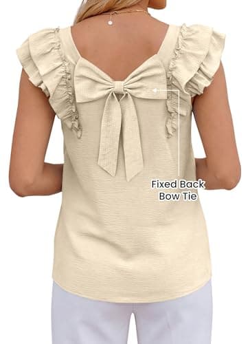 Okiwam Womens Ruffle Short Sleeve Summer Tops Bow Tie Back Blouse Round Neck Cute Babydoll Shirts Summer 2026 Fashion view 4
