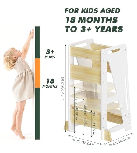 OPAUL Toddler Standing Stool - 3-Level Adjustable Kitchen Step Stool for Kids, Sturdy Wooden Kitchen Stool with Non-Skid Feet (Ages 18 Months-6 Years), White view 3