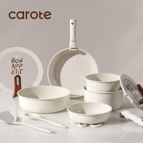 CAROTE 18Pcs Ceramic Cookware Set with Detachable Handle, Pots and Pans Set Non Stick, Non Toxic Kitchen Cooking Sets with Stand-Up Lid, PFAS and PFOA Free, Oven Safe, Induction Ready, Cream White view 4
