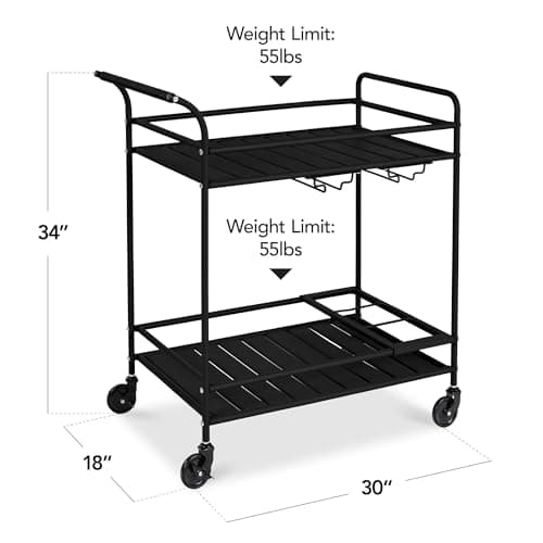 Best Choice Products Rolling Bar Cart, Mobile Home Bar Serving Cart, Serving Station w/ 2 Tier Shelves, Wine Rack, Lockable Wheels - Black view 3