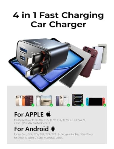 LISEN Retractable Car Charger, 84W Car Charger USB C Fast Charge, 4 in 1 view 6
