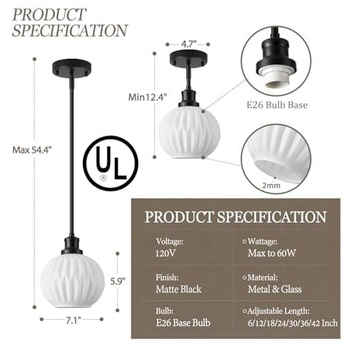 Karjearl Milk Glass Pendant Lights Kitchen Island, 1-Light 7.1" Black Modern Pendant Light Fixtures with Rods, Globe Hanging Lighting for Kitchen Sink Bathroom Dining Room, E26 Base view 3