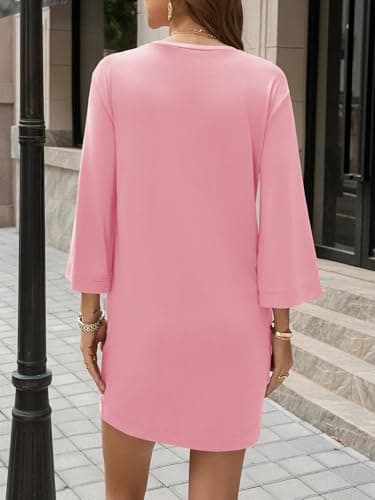 Wenrine Womens Summer T Shirt Dress Casual 3/4 Sleeve Crewneck Slit Loose Shift Mini Dresses view 5