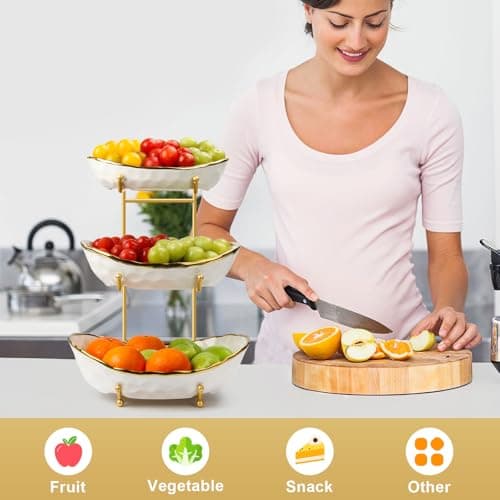 OdoVow White Fruit Bowl with Gold Metal Stand, 3 Tier Modern Ceramic Fruit Bowl Fruit Rack for Kitchen Counter, Tiered Fruit Basket for Snacks Bread Candy Storage (White,3 Tier) view 6