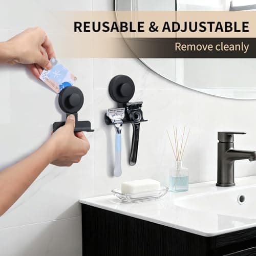 Fenas Suction Cup Razor and Shaver Holder for Shower Wall, Stainless Steel Reusable Suction Hook for Towel and Loofah, Damage-Free Installation (2, Matte Black) view 3