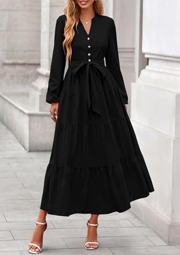 PRETTYGARDEN Maxi Dresses for Women Spring Long Sleeve V Neck Belted A Line Flowy Boho Wedding Guest Dress Pockets view 2