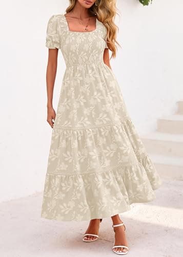 Lazysmile Women's Summer Boho Floral Maxi Dress Short Sleeve Square Neck Smocked Ruffle Elegant Wedding Guest Dress view 5