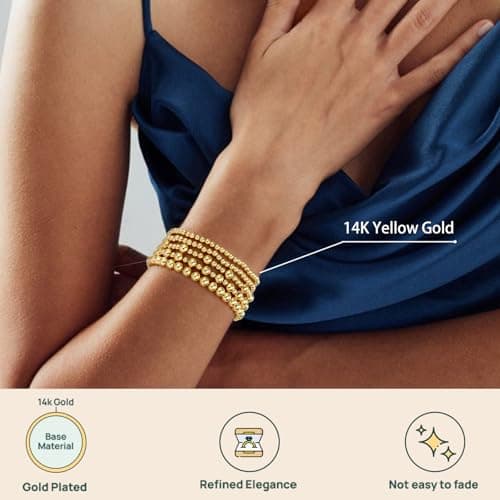 Gold Bracelets for Women Waterproof, 14K Gold Plated Beaded Strand Bead Ball Bracelets stack Adjustable Jewelry Set for Gifts view 3