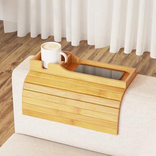 SpaceAid Bamboo Couch Cup Holder, Anti Falling Foldable Sofa Armrest Tray with Cup Holder, Couch Arm Side Table Organizer for Drink Cup Remote Snacks (Natural) — image 1