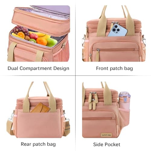 YAKUNCL Expandable Lunch Bag for Adults, 16L Insulated Double Layer Lunch Box, Leak-Proof Cooler Lunch Bag with Multi Pockets, Waterproof Reusable Lunch Tote for Work Office Picnic Travel (Pink) view 4