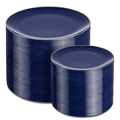 PULOTE 200 Pieces Blue Plastic Plates - Navy Blue and Gold Disposable - Include 100PCS 10 inch Dinner & 100PCS 7 inch Dessert Plate for Party & Graduation