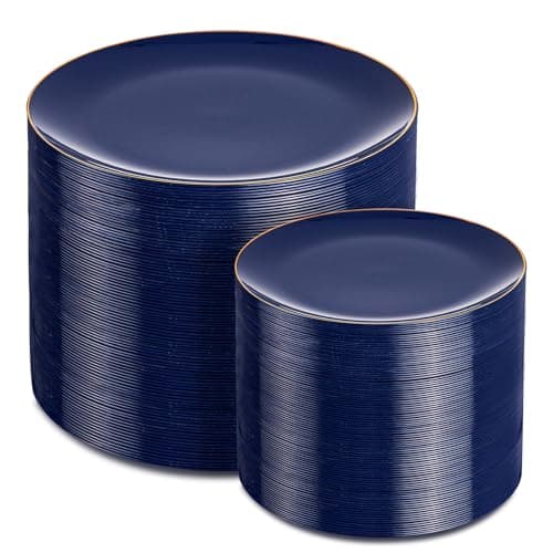 PULOTE 200 Pieces Blue Plastic Plates - Navy Blue and Gold Disposable - Include 100PCS 10 inch Dinner & 100PCS 7 inch Dessert Plate for Party & Graduation — image 1