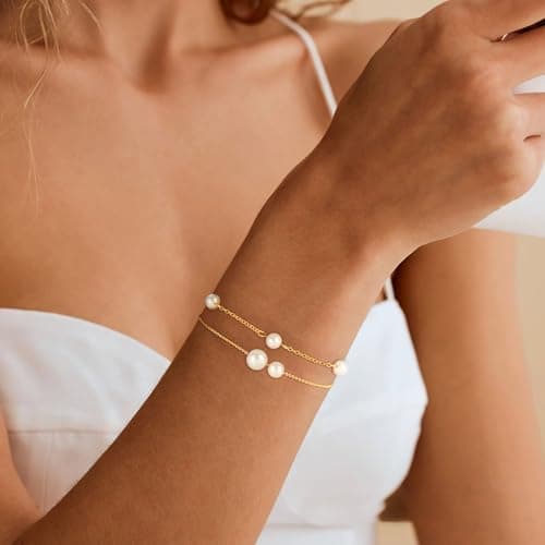 Fezodo Pearl Bracelets for Women, Dainty 18K Gold Plated Pearl Beaded Bracelet Stack Trendy Thin Link Chain Charm Bracelets Set Wedding Bridesmaid Mother Gifts Jewelry for Women view 4