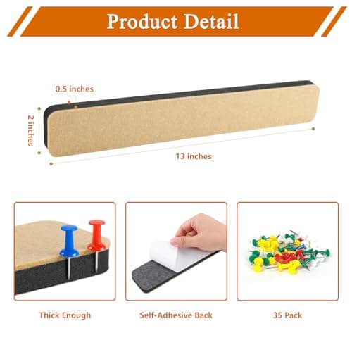HULAVO 8Pcs Rectangle Felt Cork Board Bar Strips with 35 Pushpins, Self-Adhesive Bulletin Board Strips for Office School Home Wall Decor Stickers Memos Schedules Photos Display -Gradual Brown view 3