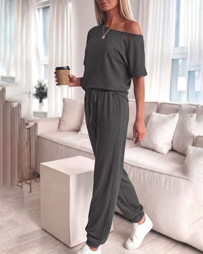 Zenlonr Women Summer 2 Piece Outfits 2026 Off Shoulder Short Sleeve Tops Elastic Waist Drawstring Long Pants Tracksuit view 3