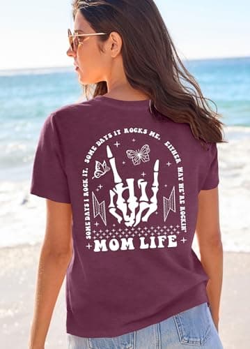 Ithalt Womens Mama Shirt Mom Life Shirts Skeleton Mother Printed T-Shirt Rock and Roll Short Sleeve Tops view 4