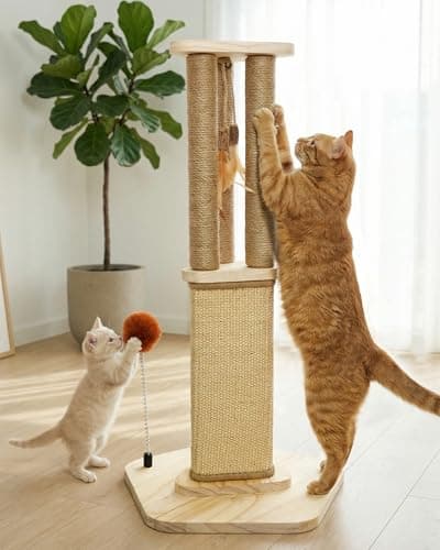 Cat Scratching Post, 26.3 Inch Scratch Post for Indoor Cats, Sisal Scratcher Posts for Medium/Small Cat, with Sturdy Wood Hexagonal Base, Silver Vine Feather Toy & Scratch Pad, Kitten Toys — image 1