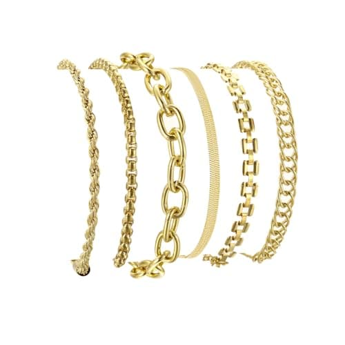 XIUQILAI 6Pcs Gold Bracelets Set for Women Men, Non Tarnish Adjustable 14K Gold Plated Stackable Chain Bracelet Stack Pack Jewelry Gifts view 1