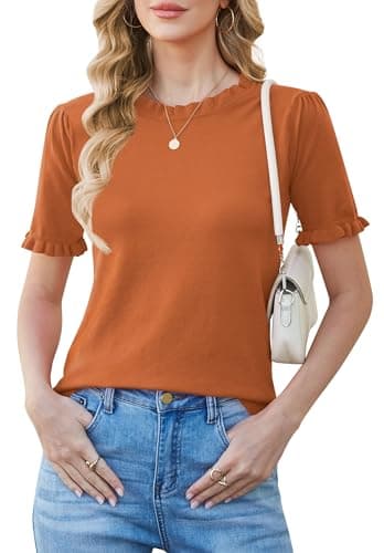 Women Puff Short Sleeve Sweater Tops Ruffle Crewneck Knit Pullover Work Blouses Dressy Casual Top Shirt Spring Summer — image 1