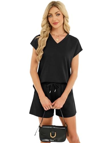 YOKGO Two Piece Sets for Women Summer V Neck Short Set Vacation Lounge Cap Sleeve Drawstring Sweatsuit with Pocket view 3
