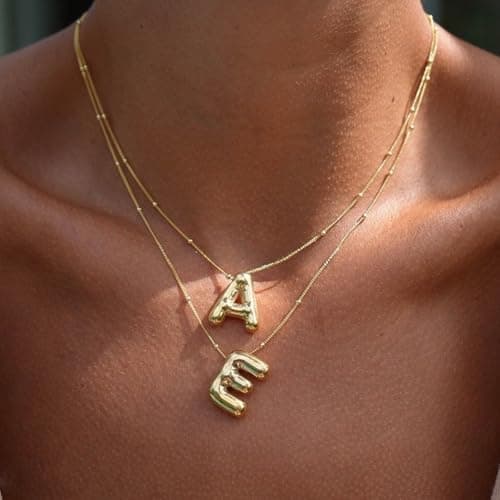 Punhem Bubble Gold Letter Necklace for Women 14k Gold Plated Balloon Initial Letter Pendant Necklace Pearl Custom Name Layered Choker Necklace Gold Jewelry view 4