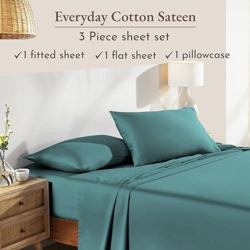 California Design Den Natural 100% Cotton Sheets Twin XL Size Set - Soft Sateen, Twin XL Sheets Set, 12" Pockets, Breathable & Durable Bedding for Dorm Rooms, College Teal (Deep Tone) view 4