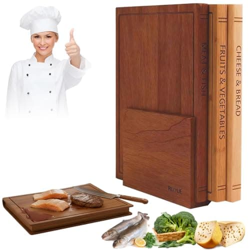Book Shaped Cutting Board Set with Walnut Stand, 3 PCS Wooden Cutting Boards (13"x10"), Maple Sapele & Bamboo Charcuterie Serving Boards, Decorative Kitchen Decor Gift for Housewarming (1Set)