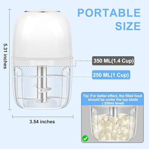 Electric Garlic Chopper, 1.4 Cup Mini Garlic Mincer Food Chopper Portable, Small Food Processor with USB Charging for Onion, Chili, Ginger, Veggie, Meat (350ML) view 3
