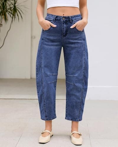 LookbookStore Barrel Jeans for Women High Waisted Cropped Wide Leg Trendy Baggy Distressed Stretchy Denim Jean Pants view 2