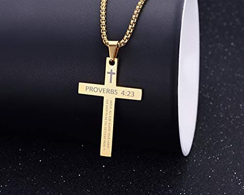Rehoboth Stainless Steel Cross Pendant Necklaces Bible Verse Proverbs 4:23 Pendant for Men or Women Chain 24 Inch Black Gold Silver view 4