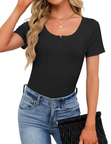 JUSTFASHIONNOW Womens Short Sleeve Tops Stretchy Henley Scoop Neck Fitted Casual Basic Ribbed T-Shirts 2026 Summer Trendy view 3