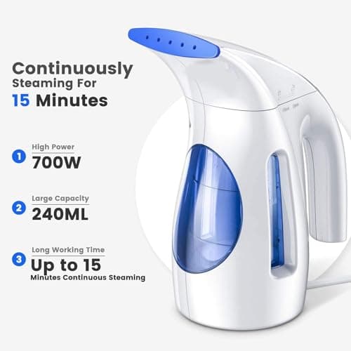 HiLIFE Steamer for Clothes, Portable Handheld Clothing Steamer, 240ml Big Capacity, 700W, Strong Power, Fabric Quick Wrinkle Remover with Brush for Home, Office(ONLY 120V) -Blue view 3