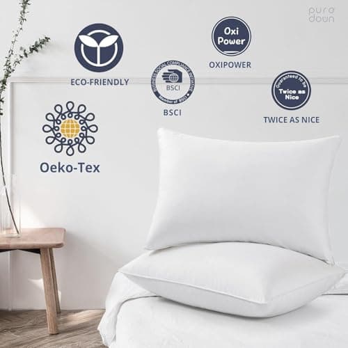 puredown® Goose Feathers and Down White Pillows with 100% Cotton Cover, Bed Sleeping Hotel Collection Pillows Set of 2, Standard Size view 6