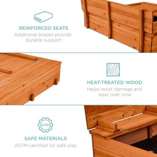 Best Choice Products Large Outdoor Wooden Sand Box for Kids, Sandbox with Cover, Bench Seats Support up to 220 lbs, Bottom Liner for Drainage, Cedar Wood - Brown view 5
