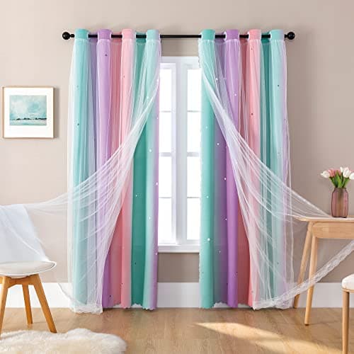 XiDi Curtains for Girls Bedroom Decor, Rainbow Blackout Curtains for Kids/Little Girl Room Decor, Unicorn Wall Decals,Pink Purple Green,63 x 34 inches,1 Panel view 5