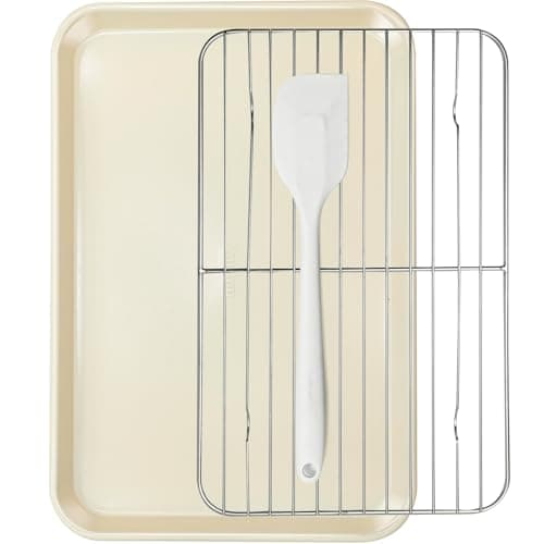 Ymiton 7PCS Nonstick Baking Sheet Set - 10x15in Jelly Roll Pan with Wire Rack, Silicone Spatula & 4 Cookie Cutters, Thickened Carbon Steel, Oven Safe 450°C, Sunshine Cream — image 1