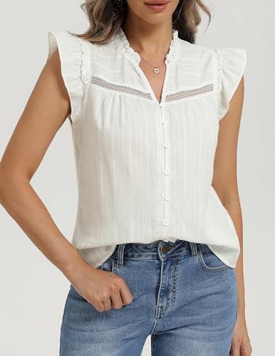 Belle Poque Women's Ruffle Sleeve Cotton Shirts V Neck Button Down Lace Crochet Blouses Spring Summer Dressy Casual Tops 2026 view 2