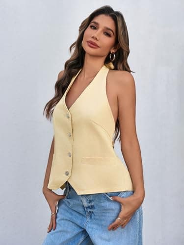 Tankaneo Womens Halter Denim Vest Tops Summer Sleeveless Open Back Y2K Going Out Jean Tank Tops V Neck Button Up Waistcoat view 3