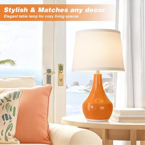 Seealle Modern Ceramic Table Lamps for Night Stands - Bedside Lamps Set of 2 for Nightstand,Orange Bedroom Lamp for Living Room Cute Desk End Table Office Guest Room Dresser Rocker Swtich view 2