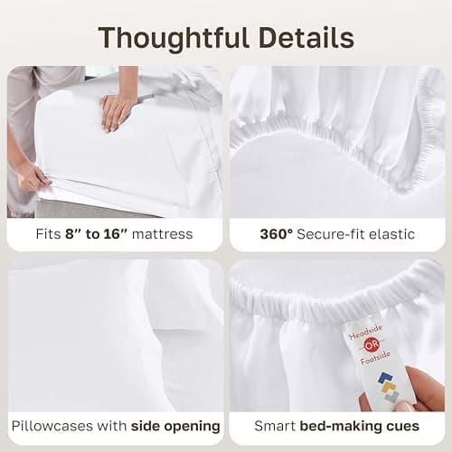 California Design Den Queen Sheet Set - Luxury 600 Thread Count Sateen, 100% Cotton Deep Pocket Queen Sheets with All Around Elastic, Snug Fit, Durable Bedding Set - White view 5