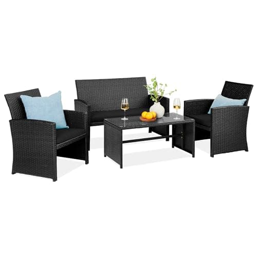 Best Choice Products 4-Piece Outdoor Wicker Patio Conversation Furniture Set for Backyard w/Coffee Table, Seat Cushions - Black/Black view 1