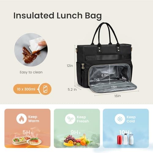 LOVEVOOK Insulated Lunch Tote Bag for Women, Large Capacity Work Bag with Laptop Compartment & Cup Holder, Water Resistant Nurse Tote for Office, Leakproof Crossbody Handbag, 15.6 Inch Black-Purple view 5