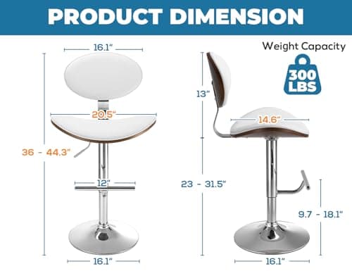 Mapleyard Adjustable Height Barstools Set of 2: Swivel Modern Kitchen Counter Bar Stools, Leather Upholstered Bar Chairs with Walnut Bent Plywood Backrest & Footrest for Island, Dining Room Pub, White view 3