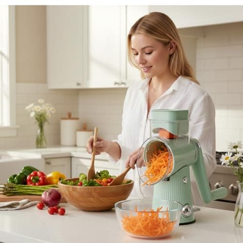 Rotary Cheese Grater with Handle - Vegetable Shredder with 5 Blades & Strong Suction Base, Round Slicer & Food Chopper for Kitchen (Green) view 2