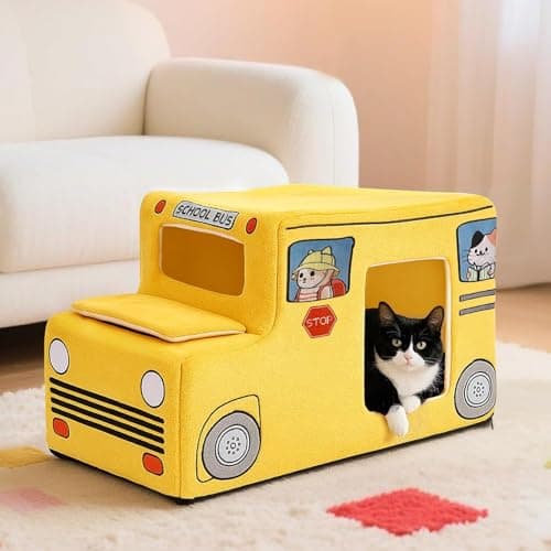 VIEFIN Cute Cat Beds Kitten Beds, Soft Small Dog Beds, Washable Pet Beds for Puppy and Kitty, Funny School Bus Cat Cave, 23 Inches view 3