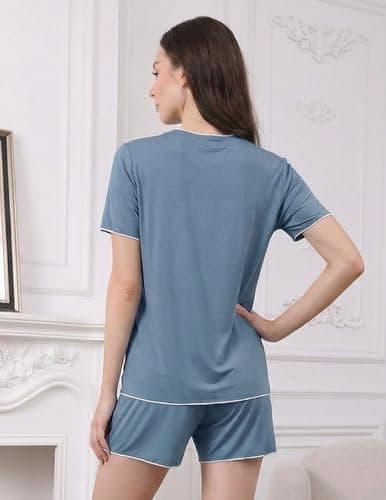 Luwnlorder Womens Pajama Sets Shorts Sleeve Button Down Collarless Lightweight Pjs Lounge Set view 2