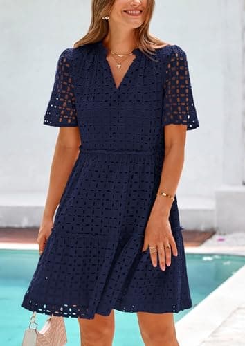 PRETTYGARDEN Eyelet Dresses for Women 2026 Summer Short Sleeve V Neck Hollow Out Ruffle A Line Boho Beach Vacation Mini Dress view 5