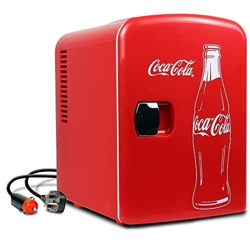 Coca Cola Mini Fridge for Bedroom Cosmatic Office 4L Small Refrigerator 6 Can Mini Dorm Fridge Portable Cooler 12V DC 110V AC Personal Travel Snacks Drinks Red