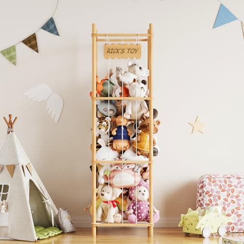 SpaceAid Stuffed Animal Storage Organizer, Wood Animals Zoo Toy Plushies Storage Holder, Large Capacity Plush Toy Cage for Playroom Organization, 15.8" Wide, Natural view 3