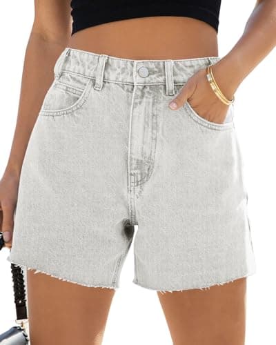 Goranbon Womens High Waisted Jean Shorts Straight Leg Raw Hem Retro Denim Shorts Summer Hot Pants with Pockets — image 1